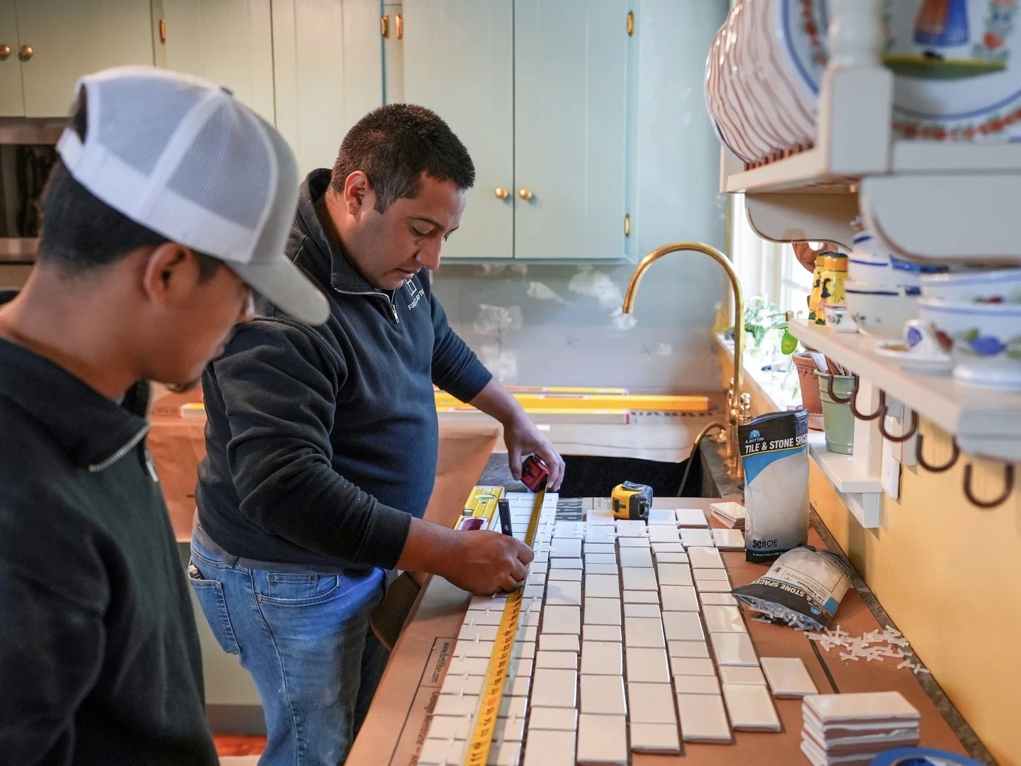 Measuring a custom tile dry layout before installation