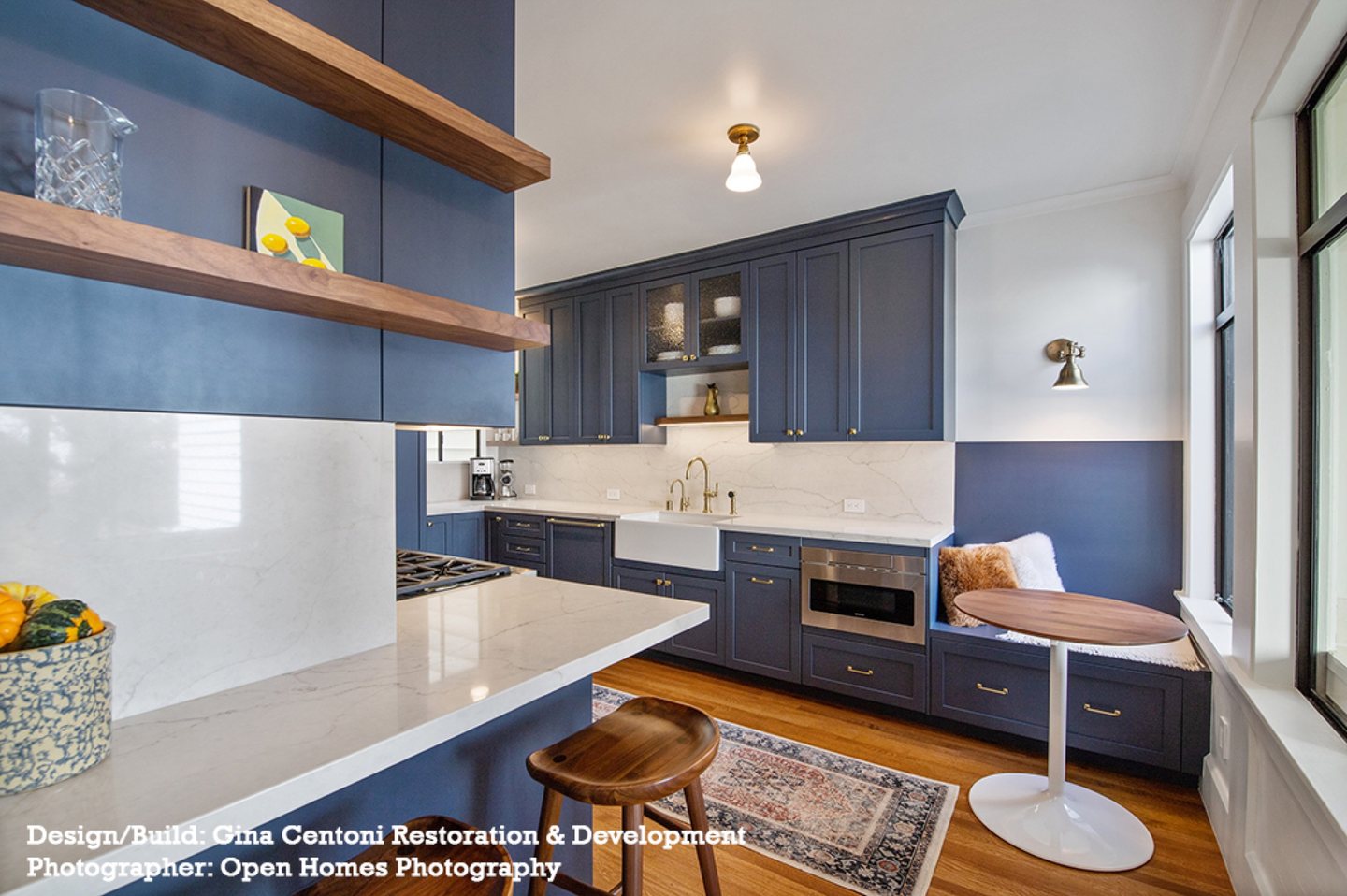 Kitchen farmhouse sink and blue cabinets
