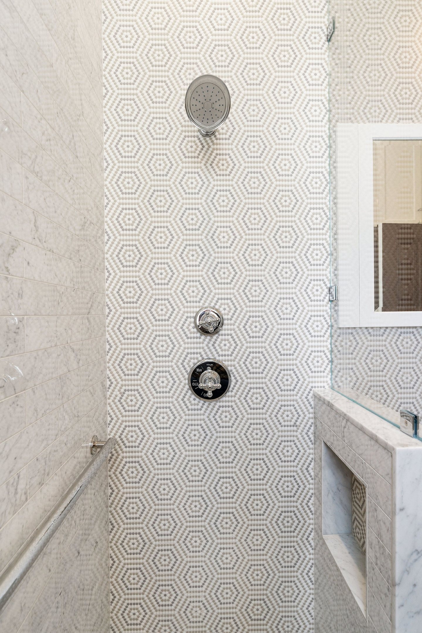 Victorian — primary bath patterned tile wall in the wall / feature