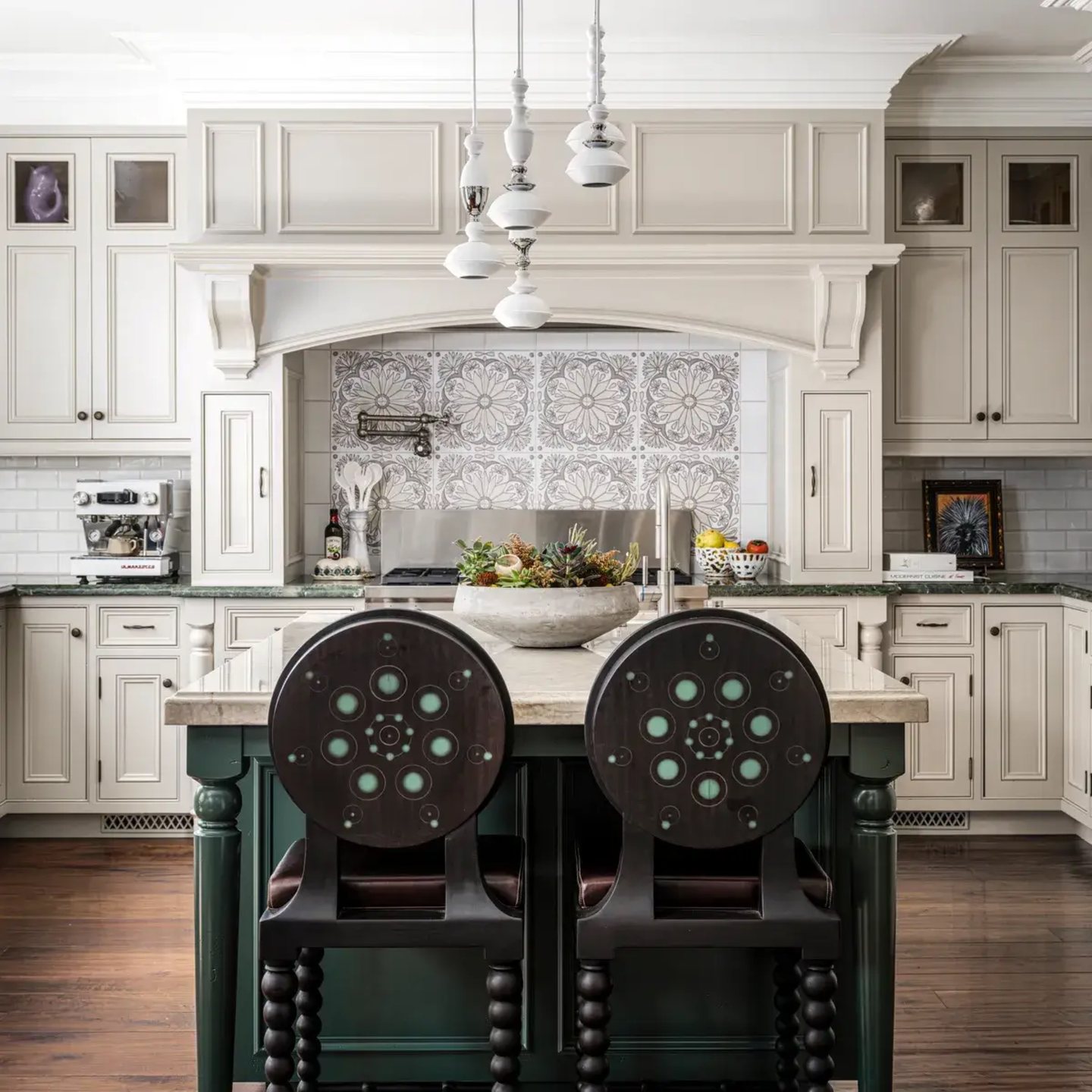 White patterned tile backsplash in a bright kitchen with open shelving