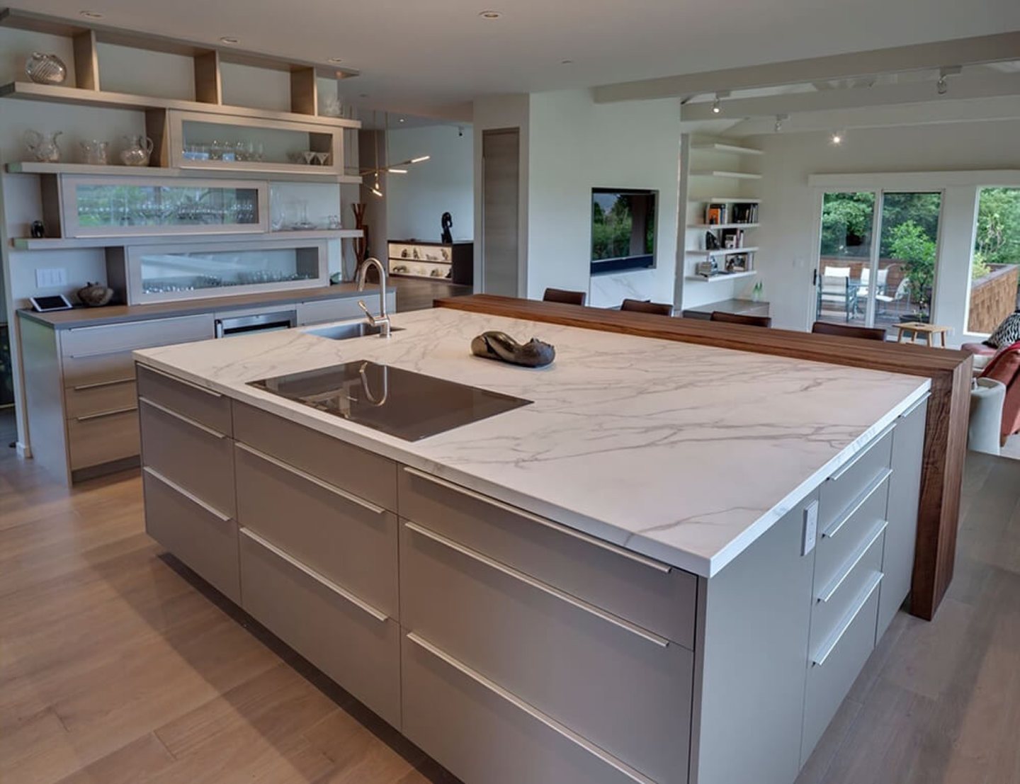 Blue Cabinet Kitchen with White Countertops — view 1