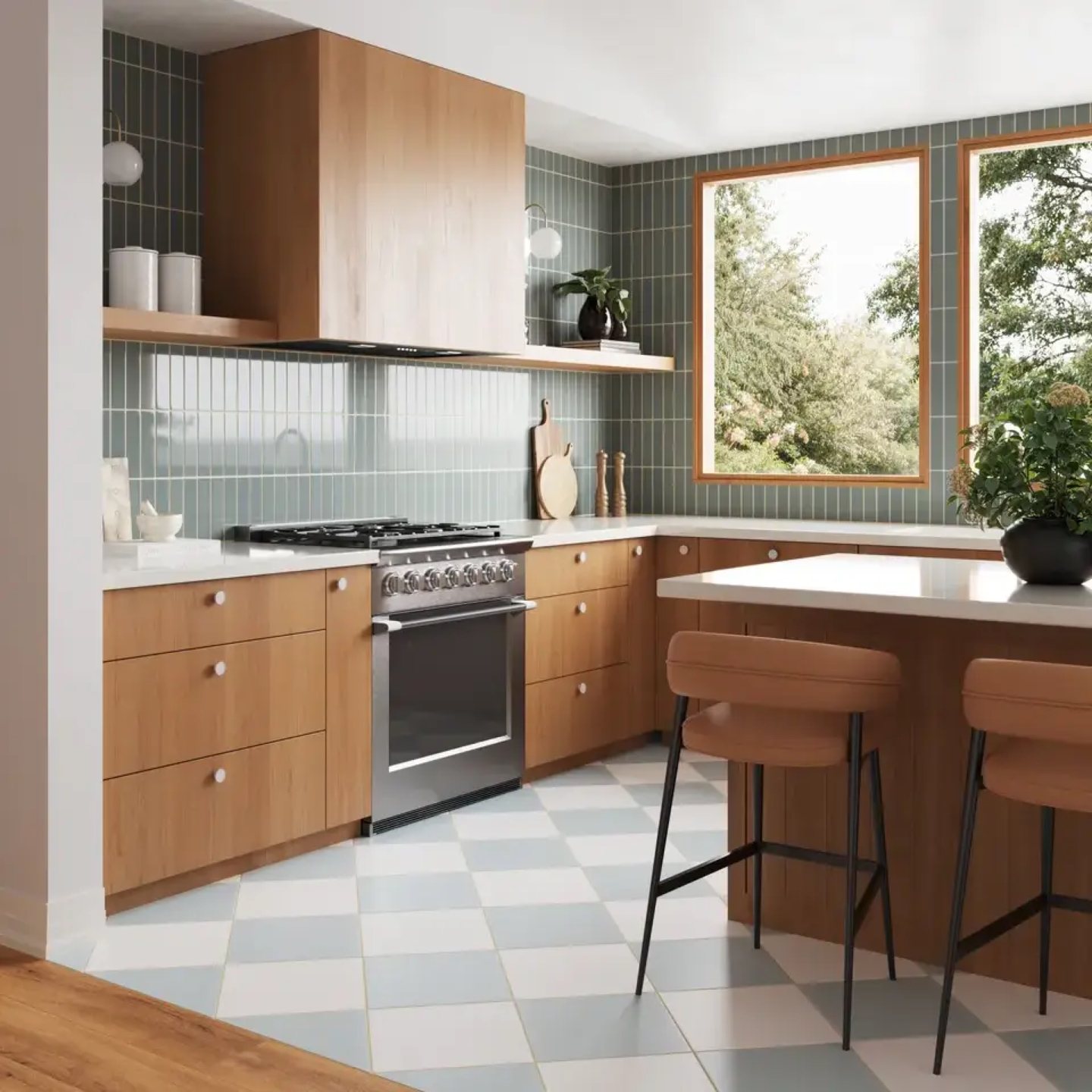 Pale blue and white checkerboard tile floor in a bright wood kitchen